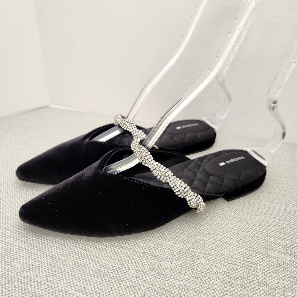 Birdies The Swan Size 8 Black Velvet Faux Crystal Mules Flat Shoes - Picture 2 of 14